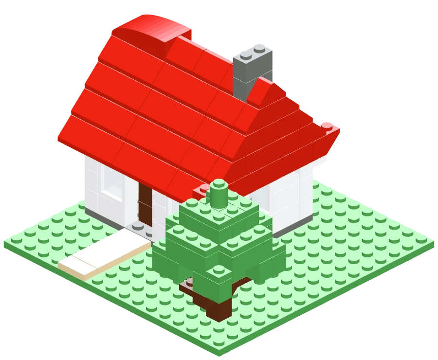 Red roof cottage with a tree built from bricks