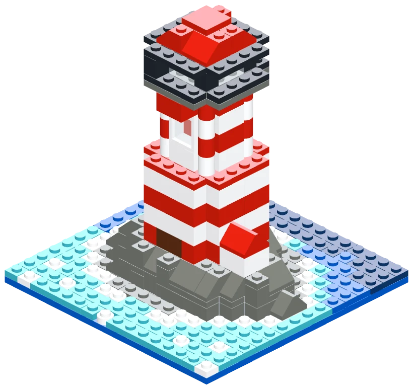 Red and white lighthouse on rocks, built from bricks