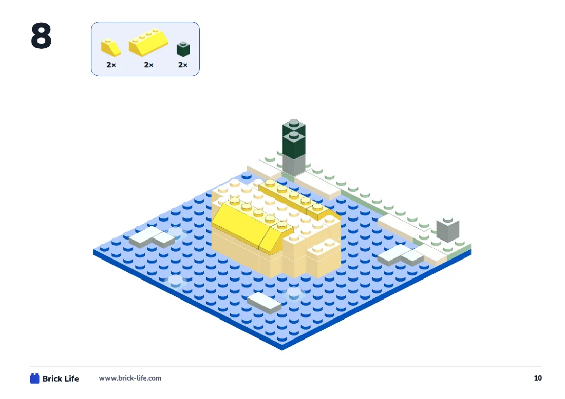 A step page from the instruction manual showing which bricks to add