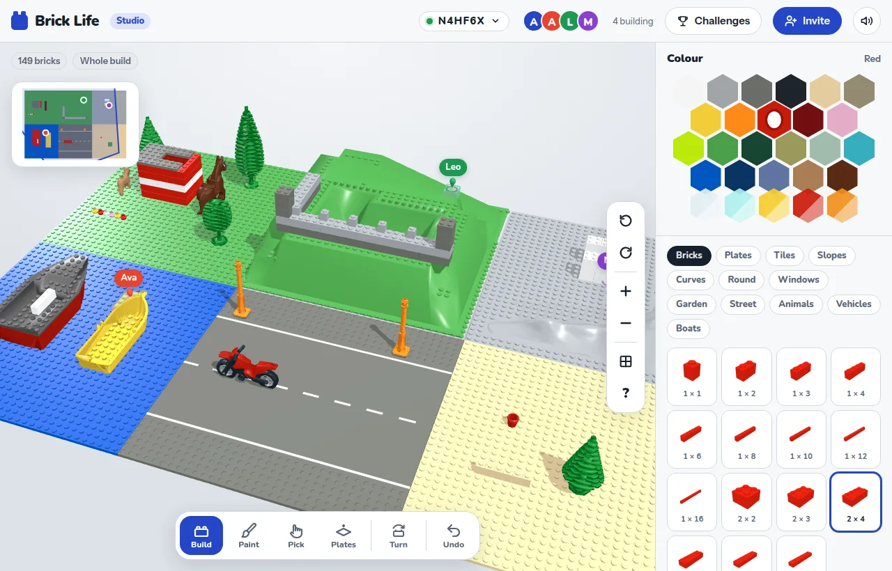 Brick Builder: four children building at once across six baseplates, with a house, a castle on a hill, boats on the water, a road and a moon base